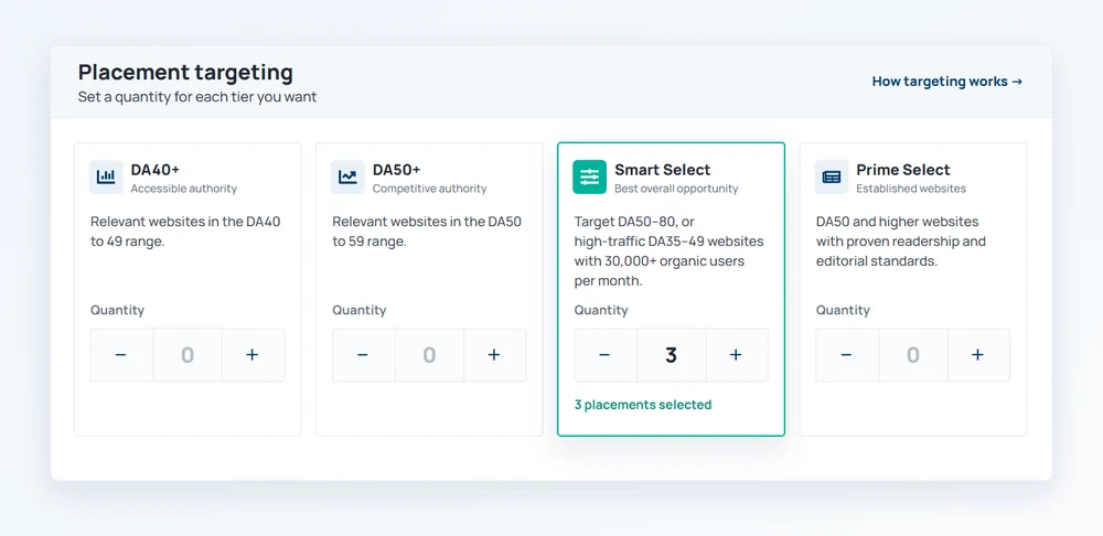 Order Setup placement targeting cards for DA40+, DA50+, Smart Select and Prime Select