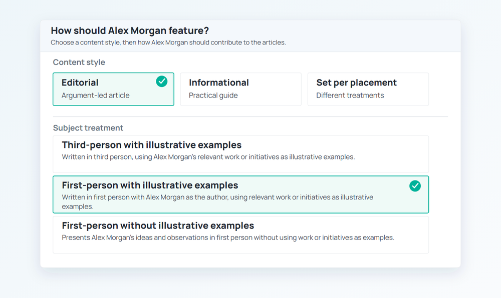 Order Setup subject treatment controls configured for a first-person Individual article