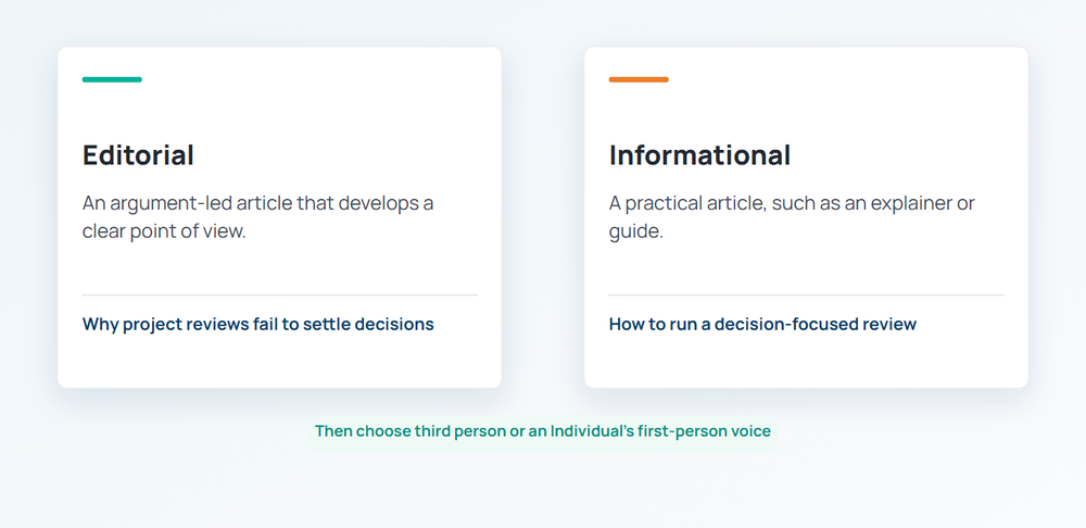Editorial and Informational content styles compared as separate choices from narrative voice