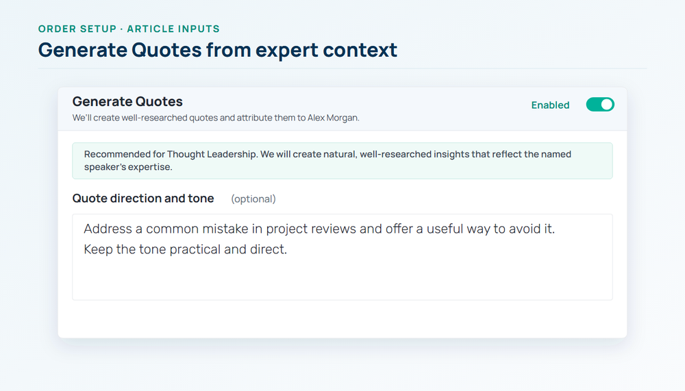 Generate Quotes enabled with optional practical direction and a direct tone