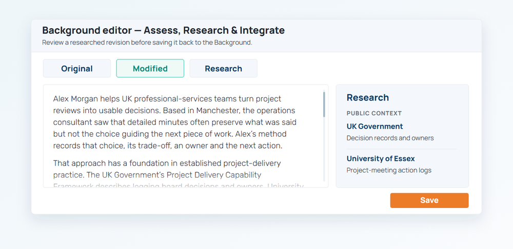 The Background editor Modified Background and Research tabs strengthening structured subject material