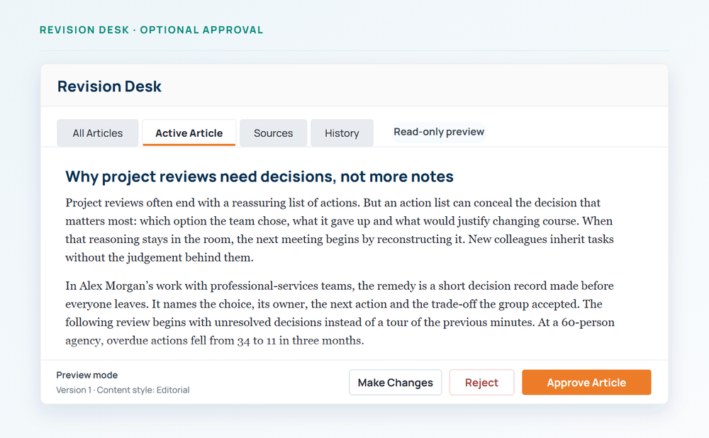 Revision Desk preview used to review an expert article before outreach to websites