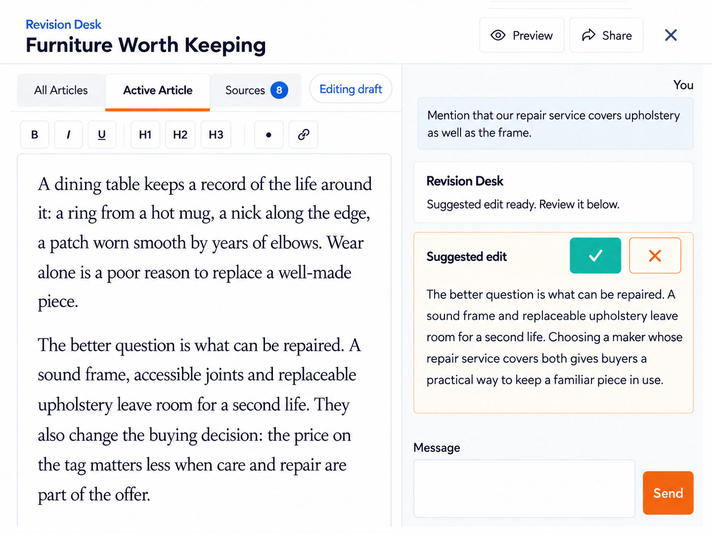 Revision Desk demo: refining a passage in Furniture Worth Keeping to include a detail about the repair service