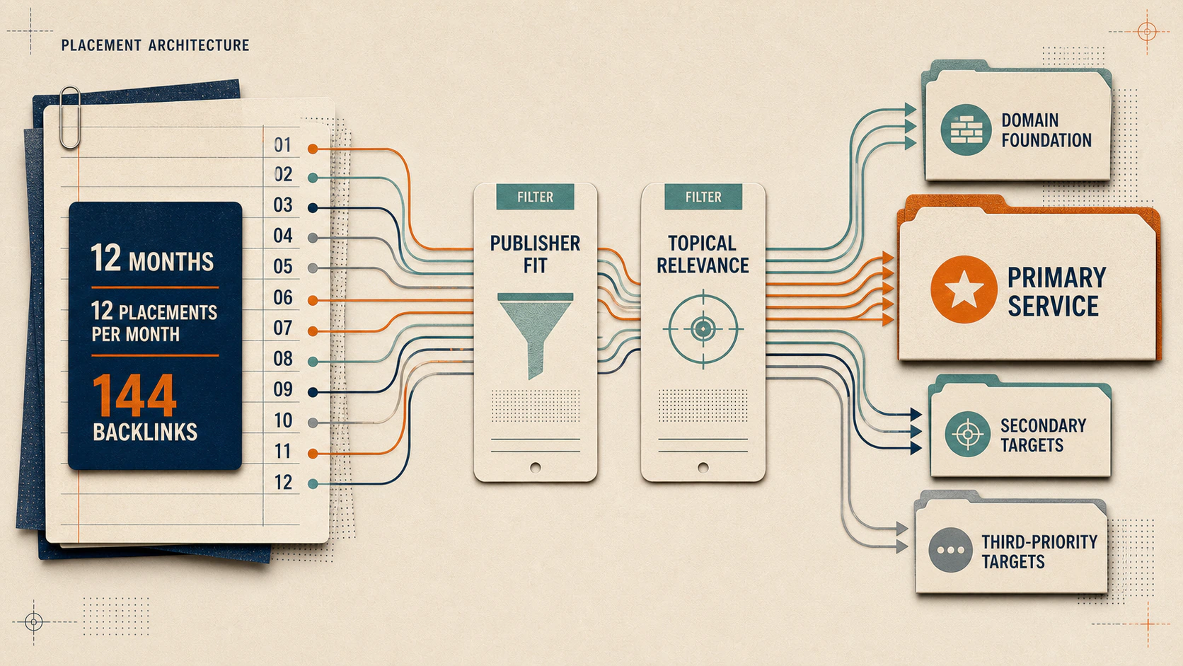 Twelve months of placements pass through publisher-fit and topical-relevance filters before supporting the domain foundation, primary service, secondary targets and third-priority targets.