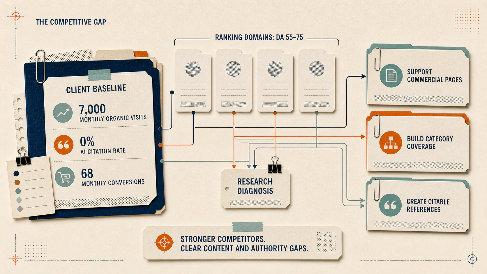 Baseline organic traffic, AI citation and conversion measurements are compared with DA55–75 ranking domains, leading to opportunities to support commercial pages, build category coverage and create citable references.