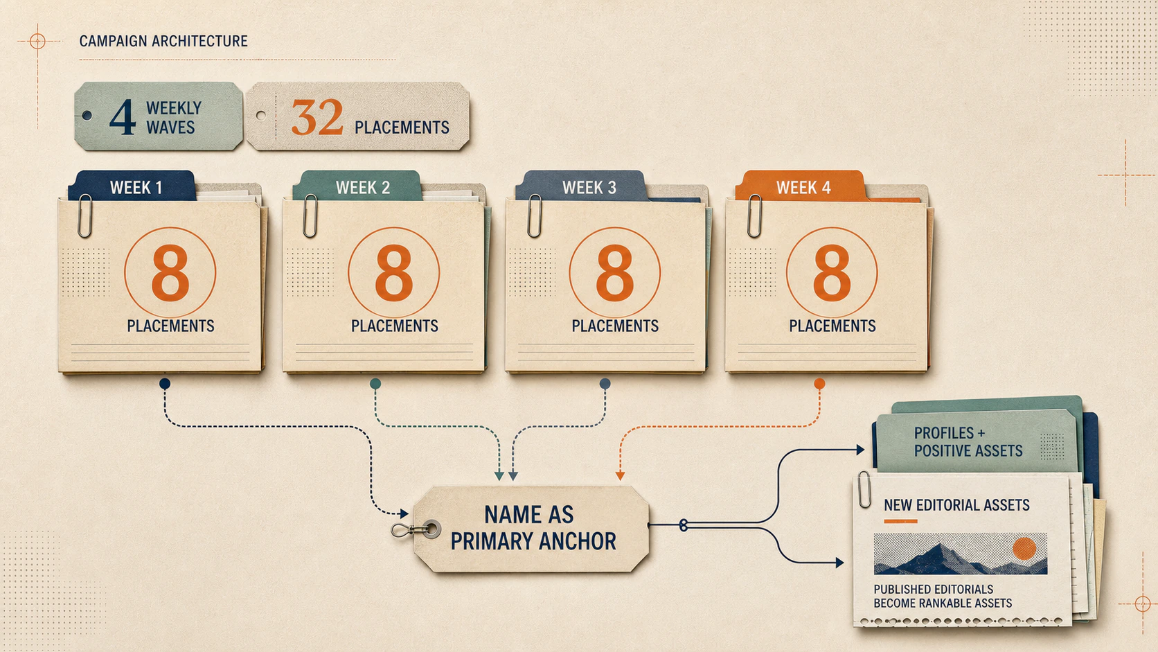 Four weekly waves of eight placements flow through a name-based primary anchor to positive profiles and new rankable editorial assets.