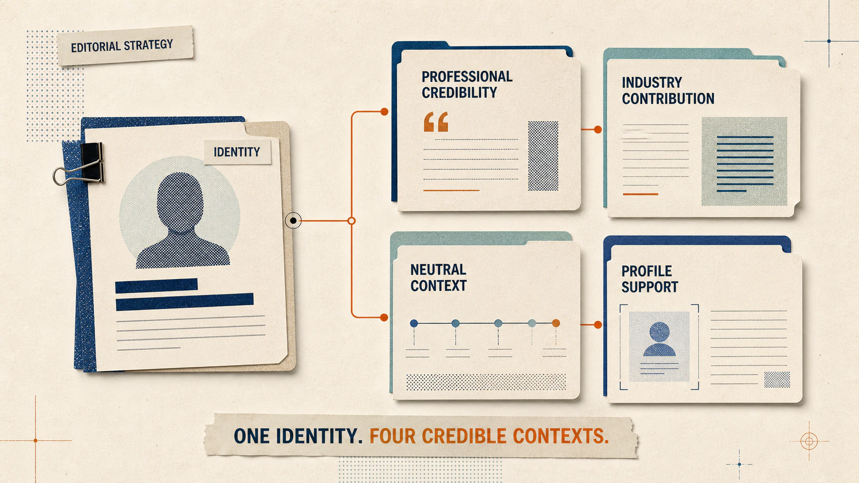 Anonymous identity dossier connected to four editorial contexts: professional credibility, industry contribution, neutral context and profile support.