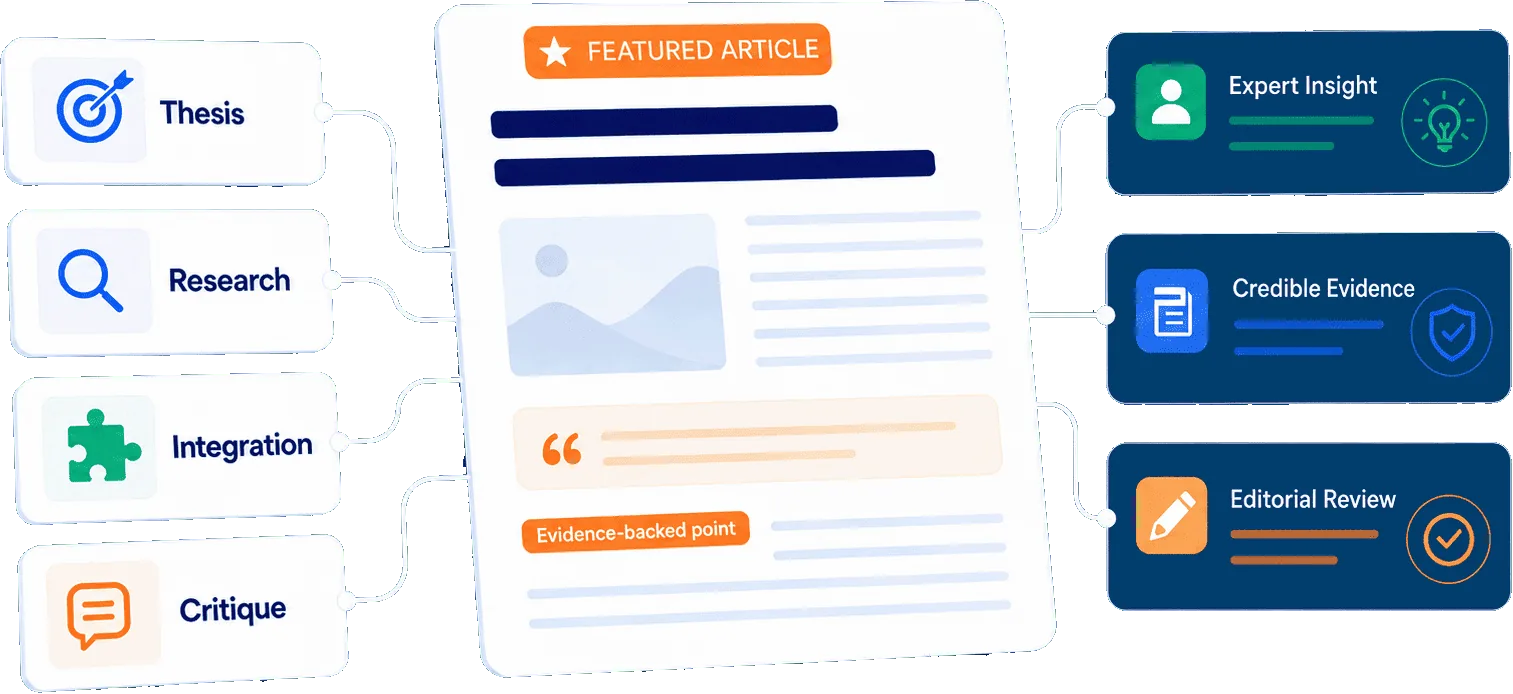 Rank Engine editorial method visual showing thesis, research, integration and critique feeding a featured article with expert insight, credible evidence and editorial review