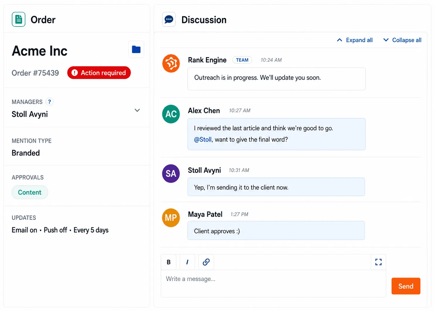 Rank Engine team discussion and collaborator workflow