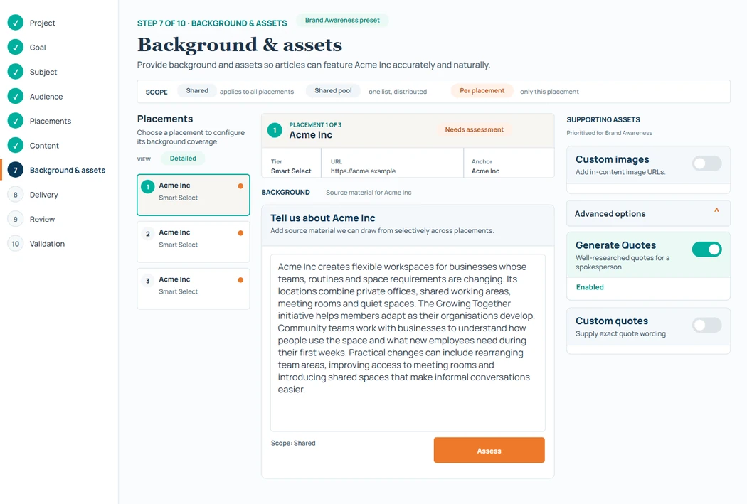 Rank Engine Order Setup Background & assets screen with three Acme Inc placements, company source material, a Background editor assessment control and Generate Quotes enabled